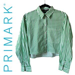 Green White Vertical Striped Oversized Button Up Shirt Cropped Primark
